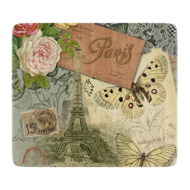 Paris France Antique Artwork Collage Eiffel French Cutting Board (Front)