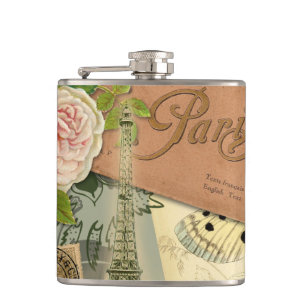Paris France Antique Artwork Collage Eiffel French Hip Flask