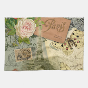 Paris France Antique Artwork Collage Eiffel French Kitchen Towel