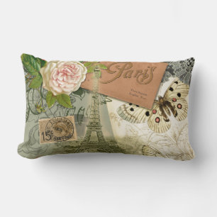 Paris France Antique Artwork Collage Eiffel French Lumbar Pillow
