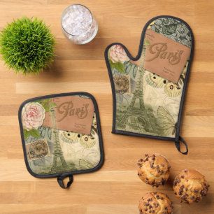 Paris France Antique Artwork Collage Eiffel French Oven Mitt & Pot Holder Set
