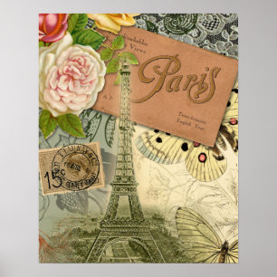 Paris France Antique Artwork Collage Eiffel French Poster