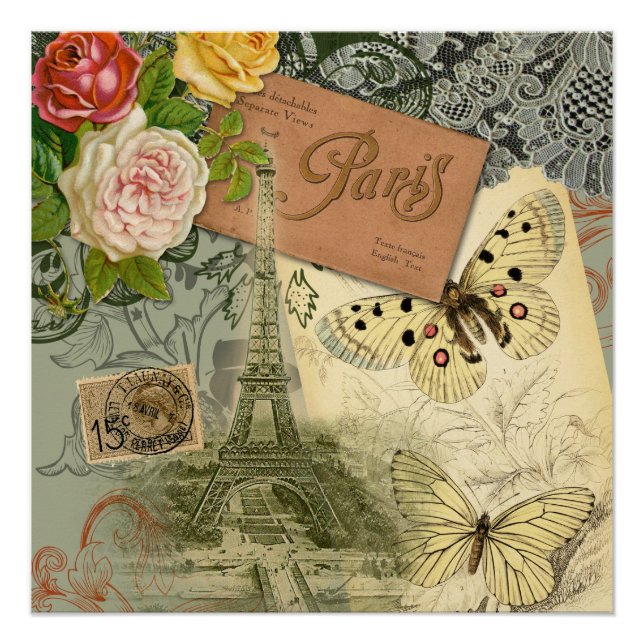 Paris France Antique Artwork Collage Eiffel French Poster (Front)