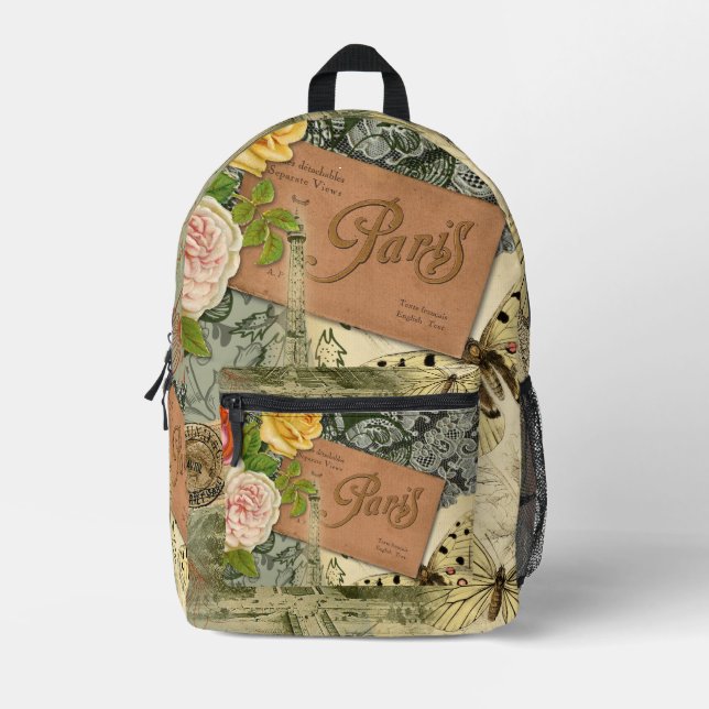 Paris France Antique Artwork Collage Eiffel French Printed Backpack (Front)