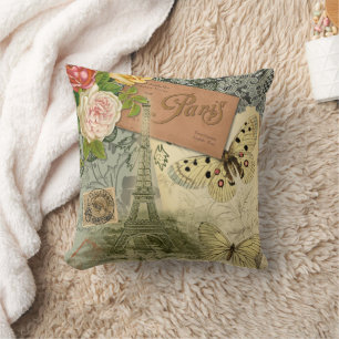 Paris France Antique Artwork Collage Eiffel French Throw Pillow