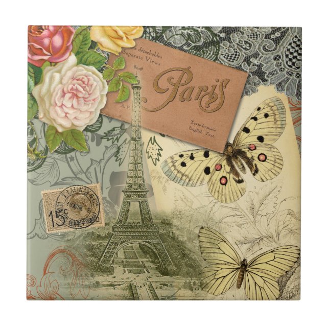 Paris France Antique Artwork Collage Eiffel French Tile (Front)