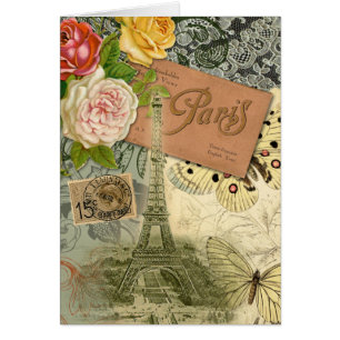 Paris France Art Antique Collage Eiffel Français