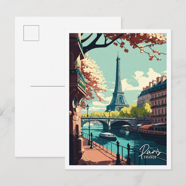 Paris France Art vintage travel Illustration Postcard (Front/Back)