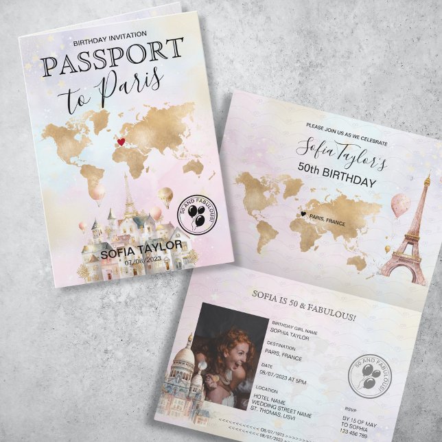 Paris France Birthday Passport Map Invitation (paris birthday passport invitation with pastel watercolor illustrations and gold world map)
