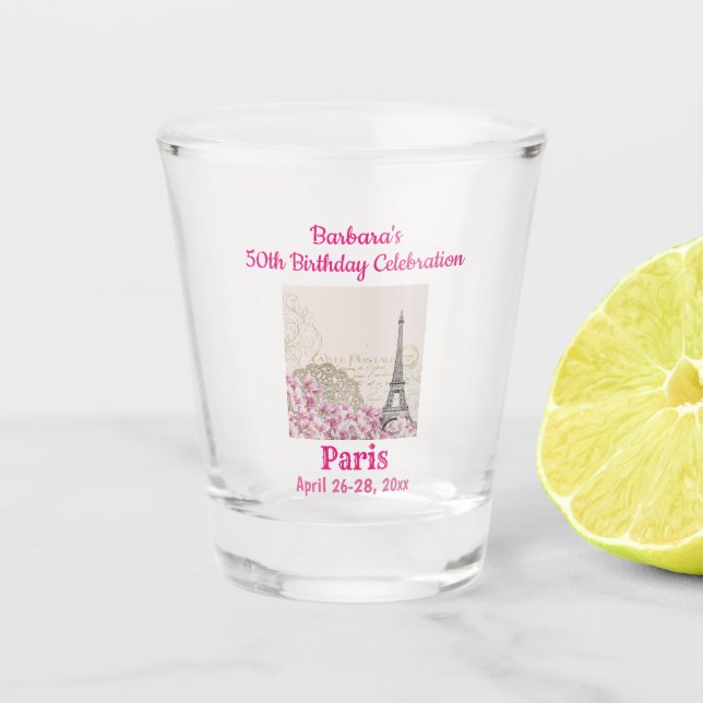 Paris France Birthday Trip Eiffel Tower Pink  Shot Glass (Front)