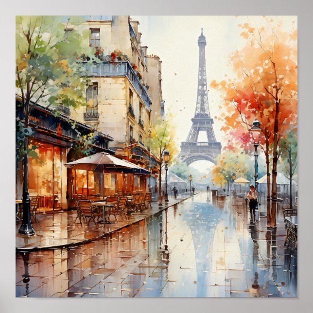 Paris France Bohemian Style Watercolor Painting  Poster (Front)