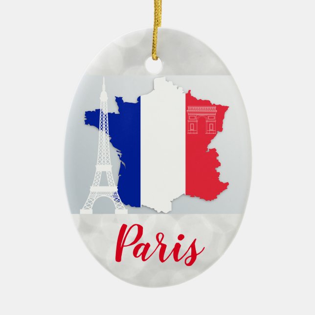 Paris France Eiffel Tower Flag Map Christmas Ceramic Ornament (Front)