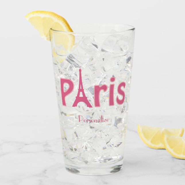 Paris France Eiffel Tower Pink Personalized Glass (Front Ice)