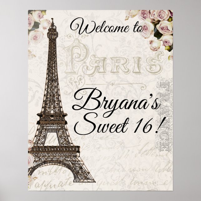 Paris France Eiffel Tower Pink Roses Chic Glamor Poster (Front)