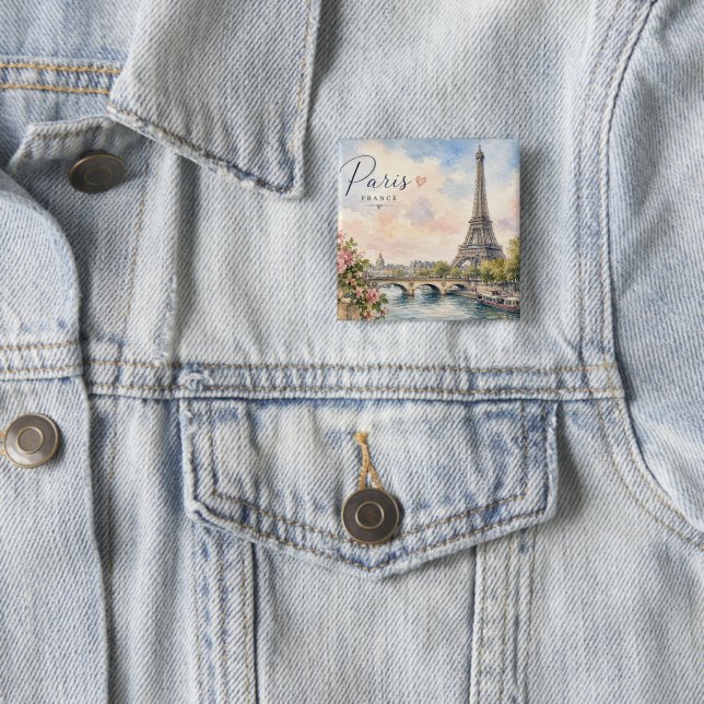 Paris France Eiffel Tower river seine  2 Inch Square Button (In Situ)