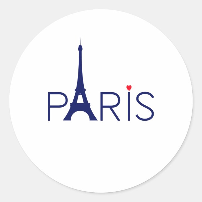 Paris France Eiffel Tower Text and Heart Classic Round Sticker (Front)