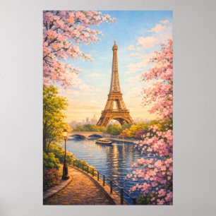 Paris France Eiffel Tower Vintage Cherry Blossoms Poster