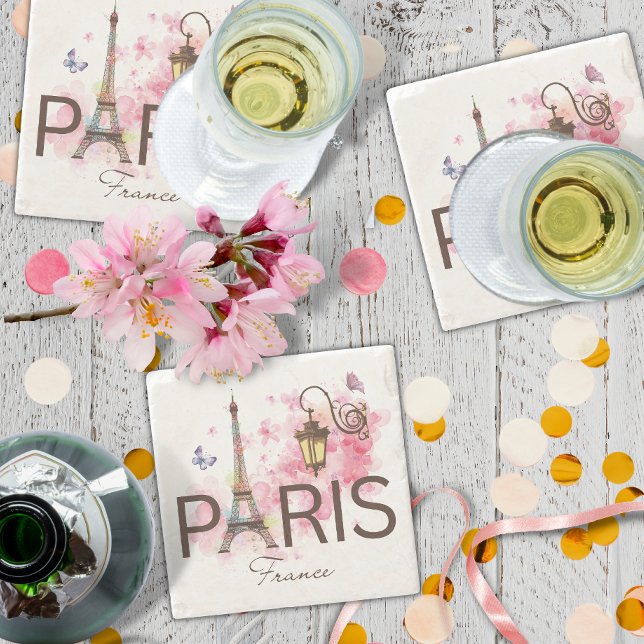 Paris France Eiffel Tower Vintange Lamp Stone Coaster (Creator Uploaded)