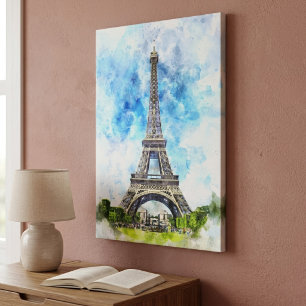 Paris France Eiffel Tower Watercolor Canvas Print