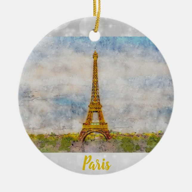 Paris France Eiffel Tower Watercolor Ceramic Ornament (Front)