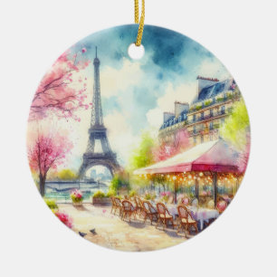 Paris France Eiffel Tower Watercolor Christmas Ceramic Ornament