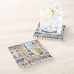 Paris France Eiffel Tower Watercolor Glass Coaster