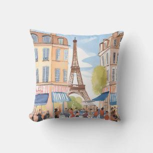 Paris France Eiffel Tower   Watercolor Painting Throw Pillow