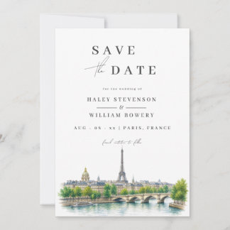 Paris France Eiffel Tower Watercolor Photo Wedding Save The Date