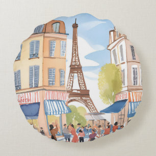Paris France Eiffel Tower   Watercolor Travel Round Pillow