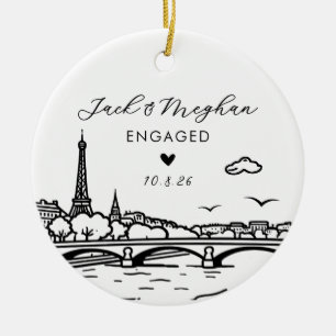 Paris France Engaged Eiffel Tower Sketch Custom Ceramic Ornament