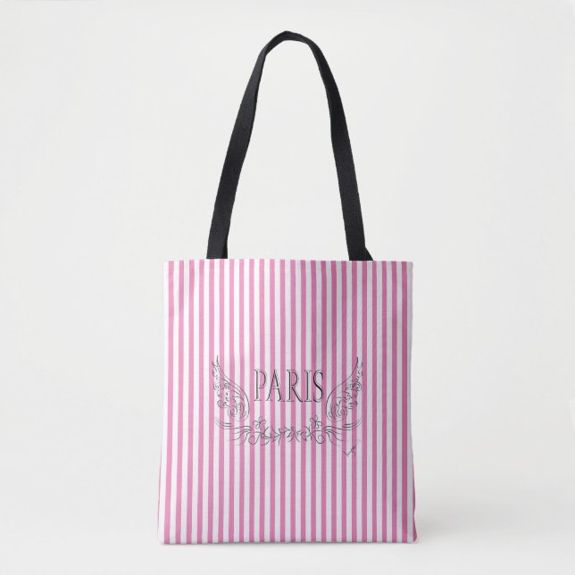 Paris, France, Flowers, Pink Stripes Tote Bag (Front)
