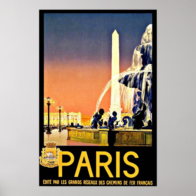 Paris France Fountain Vintage Travel Poster (Front)