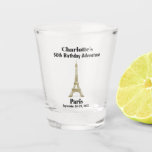 Paris France Girlfriends Birthday Party Trip Shot Glass<br><div class="desc">Are you going to celebrate your birthday in Paris, France this year? This shot glass featuring the Eiffel Tower in Paris is a perfect way to commemorate your trip with your girlfriends! Personalize with the name, date, and event name of your choice. The font and colour of the text can...</div>