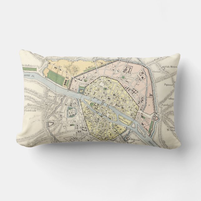 Paris, France: Historical, Vintage Map Lumbar Pillow (Front)