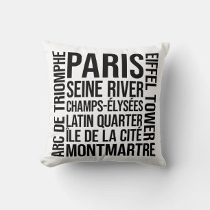 Paris, France Landmarks Typography Word Art Throw Pillow