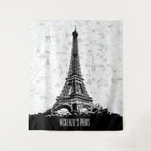 Paris France Map Eiffel Tower Photo Backdrop Tapestry