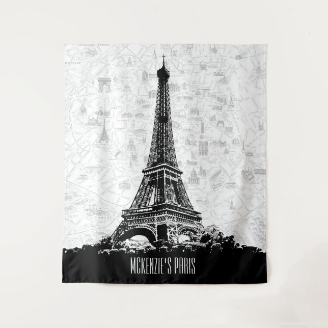 Paris France Map Eiffel Tower Photo Backdrop Tapestry (Front)