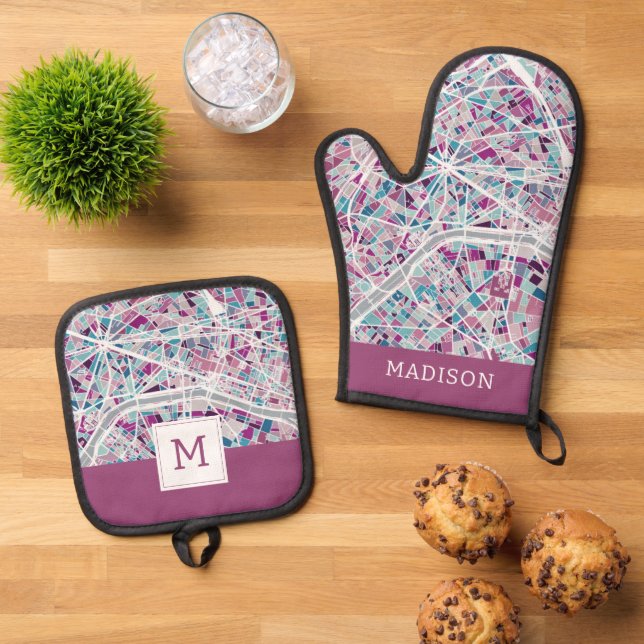 Paris France Map Oven Mitt & Pot Holder Set (Top Down)