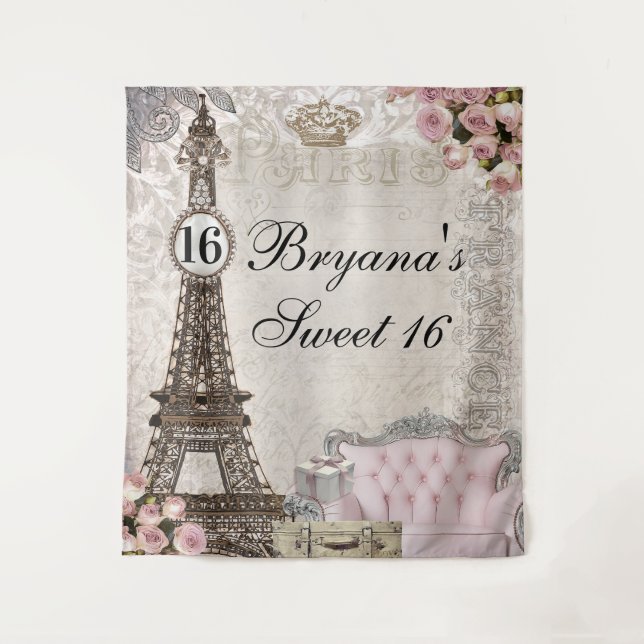 Paris France Pink Roses Sweet 16 Party Backdrop Tapestry (Front)