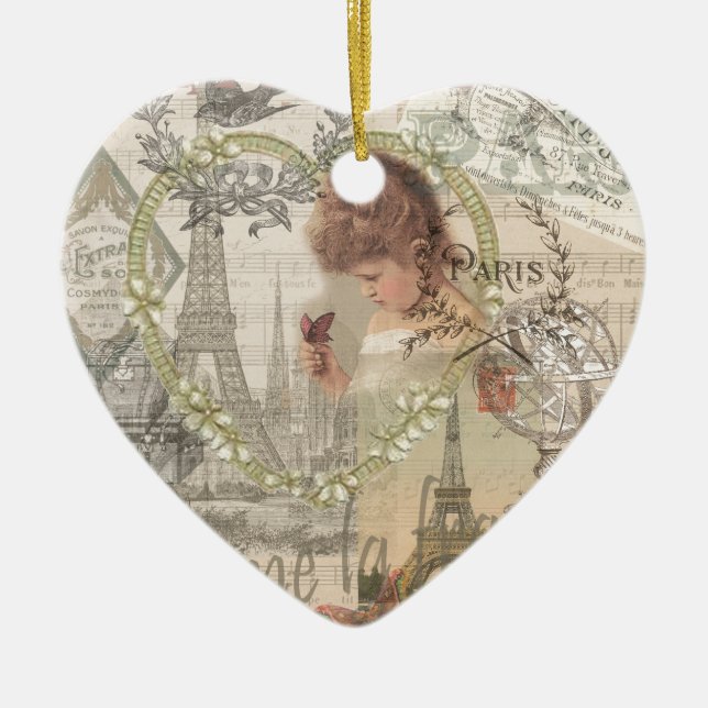 Paris France Pretty Girl Eiffel Ceramic Ornament (Front)