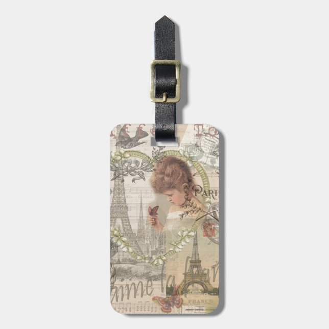 Paris France Pretty Girl Eiffel Luggage Tag (Front Vertical)