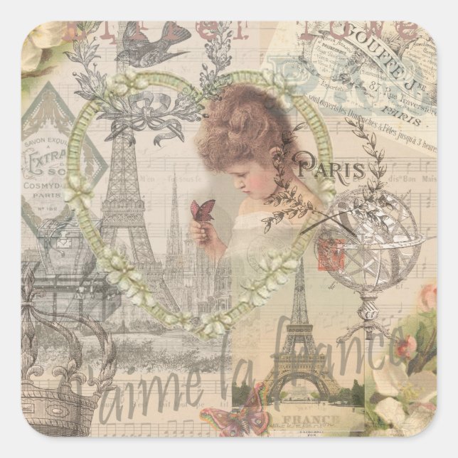Paris France Pretty Girl Eiffel Square Sticker (Front)