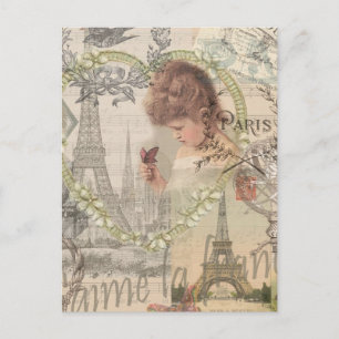 Paris France Pretty Girl Soft Eiffel Postcard