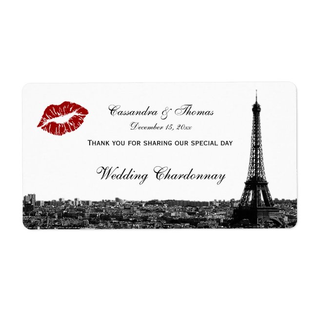 Paris France Skyline Kiss #1 BW H Wine Étiquette T (Devant)