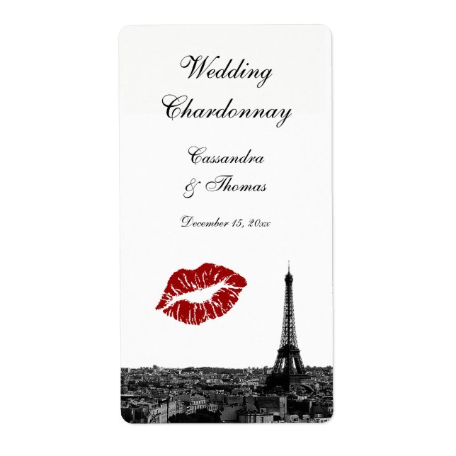 Paris France Skyline Kiss #1 BW Wine Label (Front)