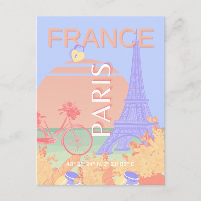 Paris, France, Travel Art, Preppy, Pastel, Blue Holiday Postcard (Front)