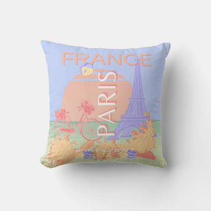 Paris, France, Travel Art, Preppy, Pastel, Blue Throw Pillow