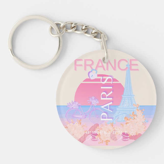 Paris, France, Travel Art, Preppy, Pastel Keychain (Front)
