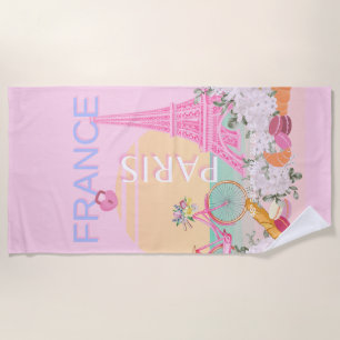 Paris, France, Travel Art, Preppy, Pastel, Pink Beach Towel