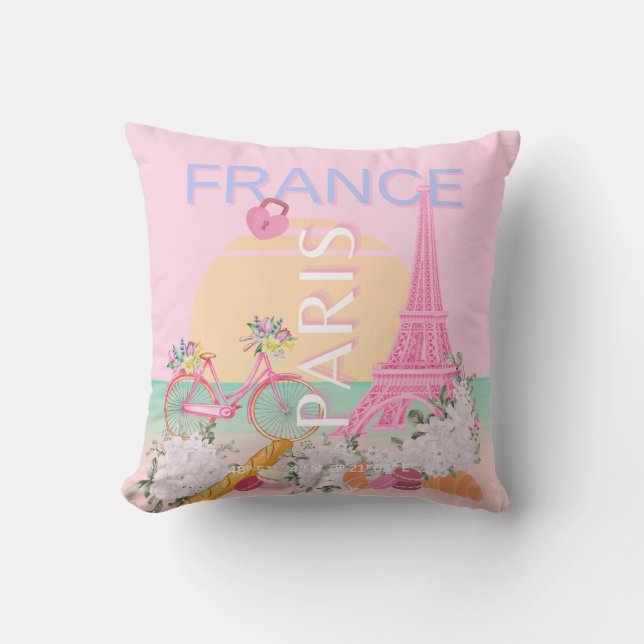 Paris, France, Travel Art, Preppy, Pastel, Pink Throw Pillow (Front)